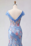 Blue Mermaid Off The Shoulder Corset Long Prom Dress with Embroidery