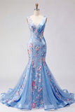 Mermaid Blue Floral Corset Wide Straps Long Prom Dress
