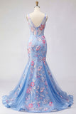 Mermaid Blue Floral Corset Wide Straps Long Prom Dress