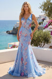 Mermaid Blue Floral Corset Wide Straps Long Prom Dress