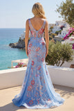 Mermaid Blue Floral Corset Wide Straps Long Prom Dress