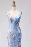 Mermaid Blue Floral Corset Wide Straps Long Prom Dress