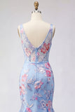 Mermaid Blue Floral Corset Wide Straps Long Prom Dress