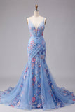 Blue Mermaid Floral Spaghetti Straps Ruched Long Prom Dress