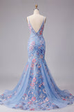 Blue Mermaid Floral Spaghetti Straps Ruched Long Prom Dress