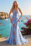 Blue Mermaid Floral Spaghetti Straps Ruched Long Prom Dress