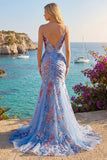 Blue Mermaid Floral Spaghetti Straps Ruched Long Prom Dress
