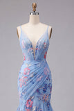 Blue Mermaid Floral Spaghetti Straps Ruched Long Prom Dress