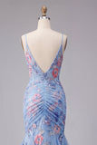 Blue Mermaid Floral Spaghetti Straps Ruched Long Prom Dress