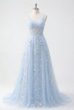 Blue A Line Sequin Sheer Corset Spaghetti Straps Long Prom Dress