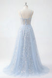 Blue A Line Sequin Sheer Corset Spaghetti Straps Long Prom Dress
