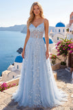 Blue A Line Sequin Sheer Corset Spaghetti Straps Long Prom Dress