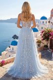 Blue A Line Sequin Sheer Corset Spaghetti Straps Long Prom Dress