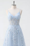 Blue A Line Sequin Sheer Corset Spaghetti Straps Long Prom Dress
