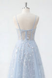 Blue A Line Sequin Sheer Corset Spaghetti Straps Long Prom Dress