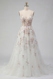 White A Line Sequin Long Wedding Dress with 3D Flowers