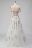 Sparkly White Beaded Off the Shoulder Floral Corset A Line Long Wedding Dress