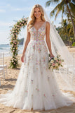 White A Line Sequin Long Wedding Dress with 3D Flowers
