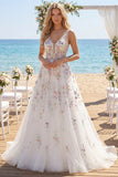 White A Line Sequin Long Wedding Dress with 3D Flowers