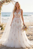White A Line Sequin Long Wedding Dress with 3D Flowers