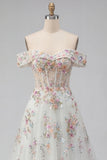 Sparkly White Beaded Off the Shoulder Floral Corset A Line Long Wedding Dress