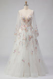 White Floral Ruched V-Neck A Line Long Sleeves Wedding Dress