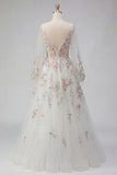 White Floral Ruched V-Neck A Line Long Sleeves Wedding Dress