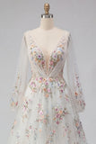 White Floral Ruched V-Neck A Line Long Sleeves Wedding Dress