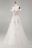 Sparkly White Beaded Off the Shoulder Floral Corset A Line Long Wedding Dress