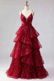 Sparkly Burgundy A Line Spaghetti Straps Long Prom Dress with Ruffles