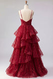 Sparkly Burgundy A Line Spaghetti Straps Long Prom Dress with Ruffles