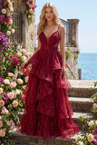 Sparkly Burgundy A Line Spaghetti Straps Long Prom Dress with Ruffles