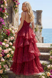 Sparkly Burgundy A Line Spaghetti Straps Long Prom Dress with Ruffles