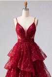 Sparkly Burgundy A Line Spaghetti Straps Long Prom Dress with Ruffles