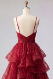 Sparkly Burgundy A Line Spaghetti Straps Long Prom Dress with Ruffles