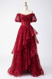 Sparkly Burgundy A Line Corset Off The Shoulder Long Prom Dress with Ruffles