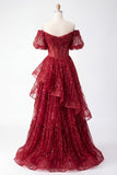 Sparkly Burgundy A Line Corset Off The Shoulder Long Prom Dress with Ruffles