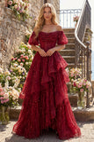 Sparkly Burgundy A Line Corset Off The Shoulder Long Prom Dress with Ruffles
