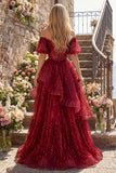 Sparkly Burgundy A Line Corset Off The Shoulder Long Prom Dress with Ruffles