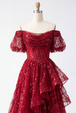 Sparkly Burgundy A Line Corset Off The Shoulder Long Prom Dress with Ruffles