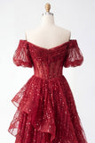 Sparkly Burgundy A Line Corset Off The Shoulder Long Prom Dress with Ruffles