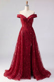 Sparkly Burgundy Off the Shoulder A Line Beaded Long Prom Dress with Slit