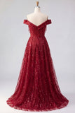 Sparkly Burgundy Off the Shoulder A Line Beaded Long Prom Dress with Slit