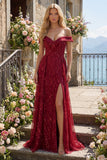 Sparkly Burgundy Off the Shoulder A Line Beaded Long Prom Dress with Slit