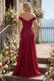 Sparkly Burgundy Off the Shoulder A Line Beaded Long Prom Dress with Slit