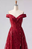 Sparkly Burgundy Off the Shoulder A Line Beaded Long Prom Dress with Slit