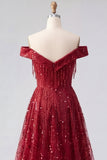Sparkly Burgundy Off the Shoulder A Line Beaded Long Prom Dress with Slit
