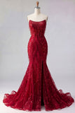 Sparkly Burgundy Strapless Mermaid Long Prom Dress with Slit