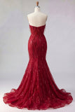 Sparkly Burgundy Strapless Mermaid Long Prom Dress with Slit