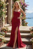 Sparkly Burgundy Strapless Mermaid Long Prom Dress with Slit